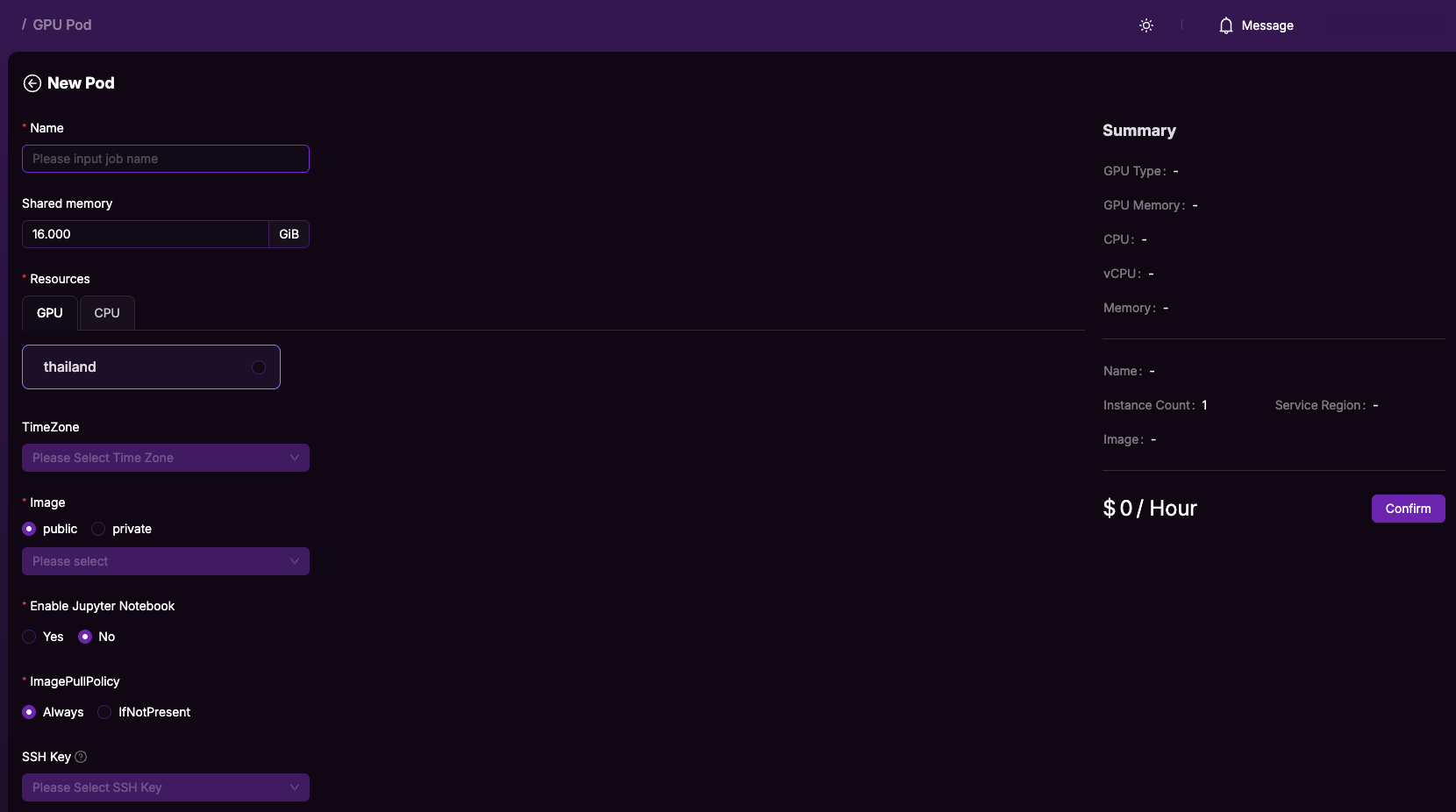 New Pod Creation Form